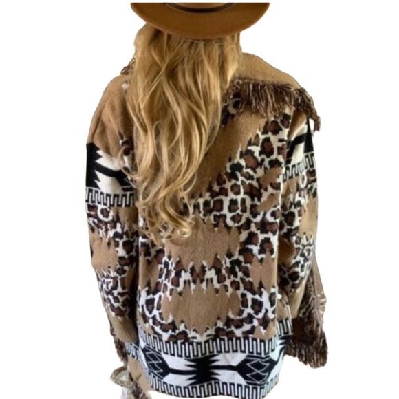 New Trendy Boho Western Flare Animal Print Oversized Leopard Cardigan Sweater - Picture 2 of 11